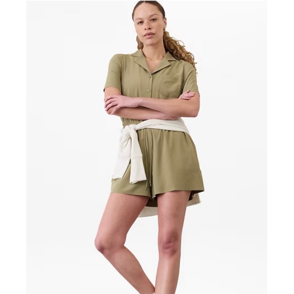NWT ATHLETA | Avenue Romper‎ in Olive Branch Short Sleeves with Pockets Sz. XL